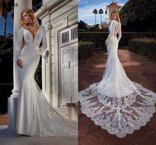 

boho trumpet mermaid wedding dresses with long sleeves v neck lace appliqued bridal gowns court train illusion back slim fitted elegant sati, White