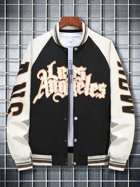 

men s jackets men letter embroidery colorblock raglan sleeve striped trim varsity jacket without tee 230311, Black;brown