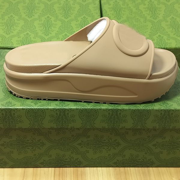 

10a embossed interlocking g slide brown slippers in metallic silver rose pink rubber sole designer sandal macaron low-heel gear bottom slide, Black
