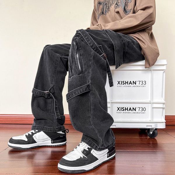 

men's jeans deeptown ribbon cargo men loose straight denim pants streetwear fashion design hip hop casual trousers male black spring 23, Blue