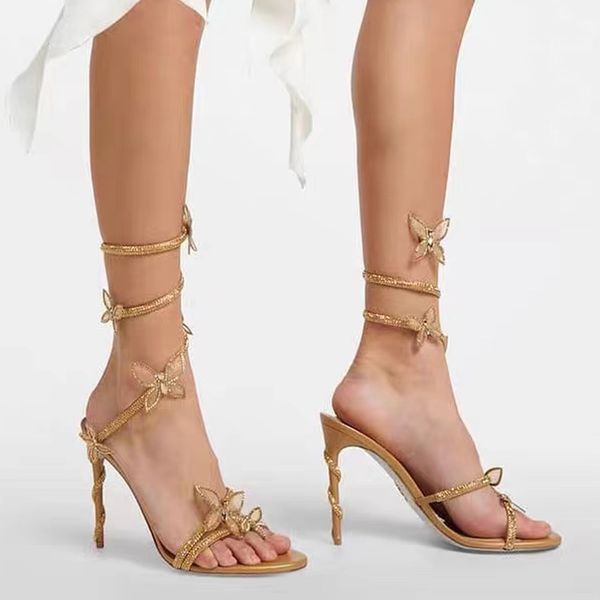 

rene crystal lamp snake strass sandals women's butterfly crystal decorative high sandals luxury designers ankle wraparound shoe for wom, Black