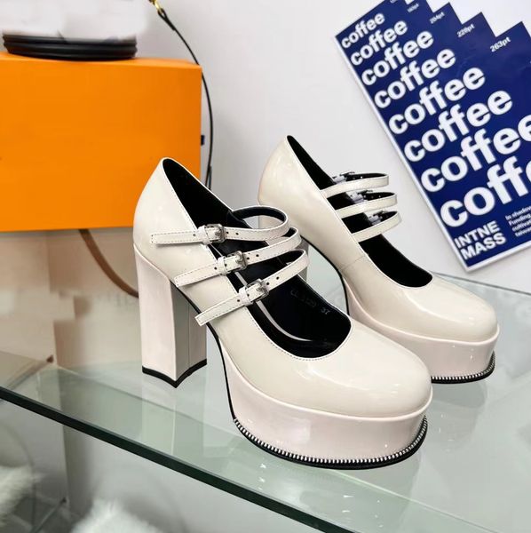 

thick soled dress shoes designer sandals women patent leather 11.5cm high heeled boat shoes platform rhinestone lace buckle fashion factory, Black