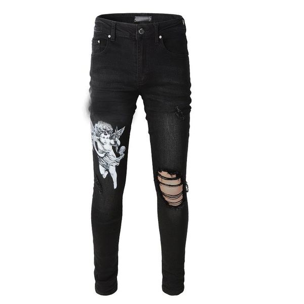 

2023 new crystal thrasher jean tactical cargo mens slim jeans distressed denim designer pants with holes letters torn tattered knee ripped d, Black
