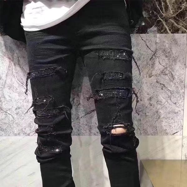 

2023 new men's jeans slim black diamonds set high street straight wash hole long pants size s-xl 28-34 o9pu