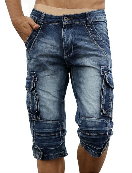 

men's jeans summer mens retro cargo denim shorts vintage acid washed faded multi-pockets military style biker short jeans for men 23031, Blue