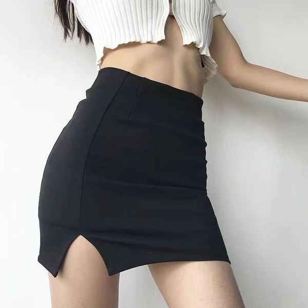

women's bag hip skirt high waist half skirt black and white slit skirts