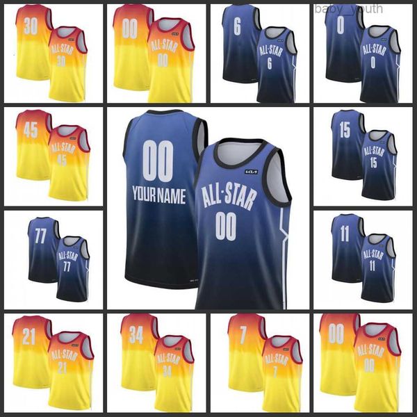 

screen printed basketball 2023 all-star jersey game stephen curry 30 luka doncic 77 ja morant 12 shai gilgeous-alexander 2 klay thompson 11