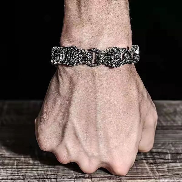 

charm bracelets s925 sterling silver leopard head ponytail braided bracelet mens domineer retro punk hip hop hand accessories 230313, Golden;silver