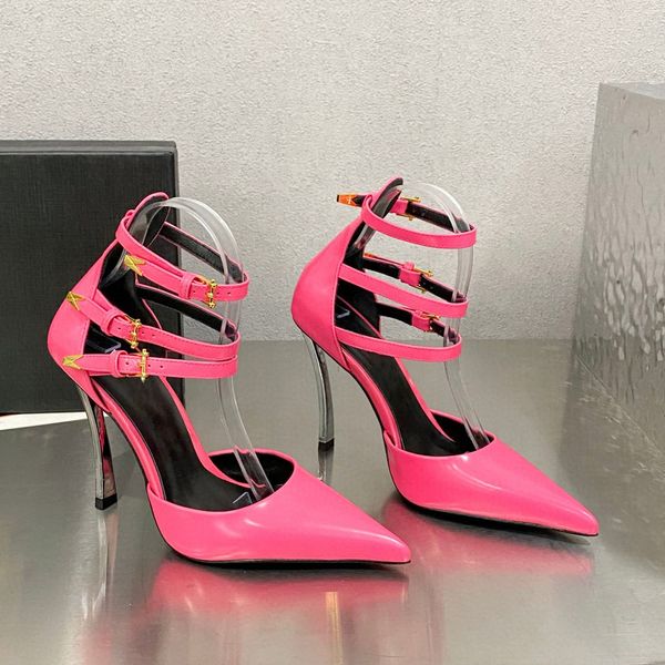 

pin-point buckled ankle triple-strap pumps heels shoes calf leather stiletto sandals heeled point toe women luxury designers dress shoe even, Black