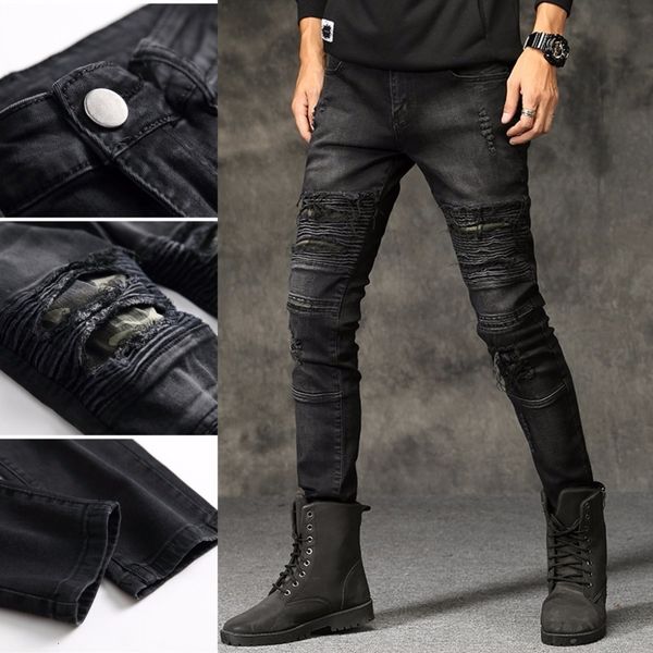 

men's jeans high-quality mens ripped jeans cotton black slim skinny motorcycle jeans men vintage distressed denim jeans hiphop pants 23, Blue