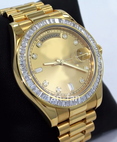 

ewf factory watch 3255 day-date ii presi 218238 18k yellow g 4.0ct baguettes diamond bzl papers, Slivery;brown