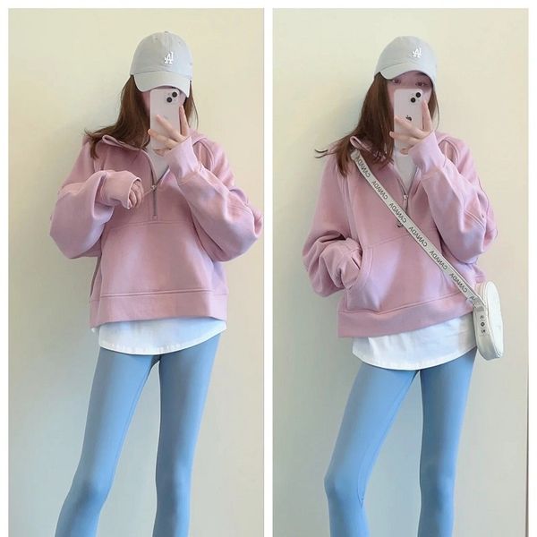 

designer autumn yoga outfits lululemens womens half zipper sweatshirts jackets winter yoga scuba hoody hoodie sthick loose short style with, Black