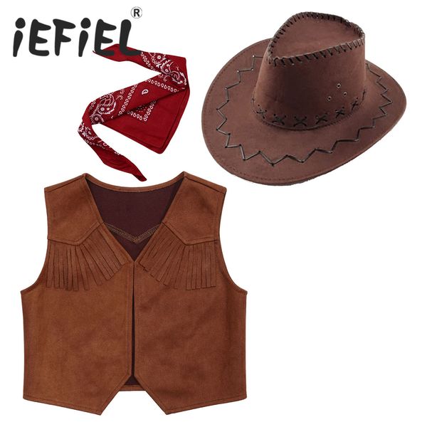 

waistcoat kids boys western cowboy costume vest with bandanna and felt drawstring hat for halloween carnival cosplay themed party dress up 2, Camo