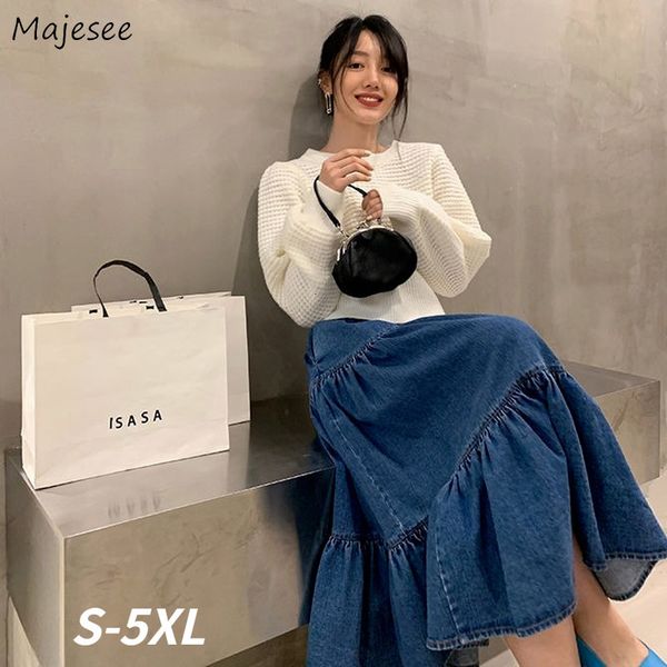 

skirts skirts women baggy high waist solid a-line leisure denim birthday party mujer all-match streetwear students midi faldas 230313, Black