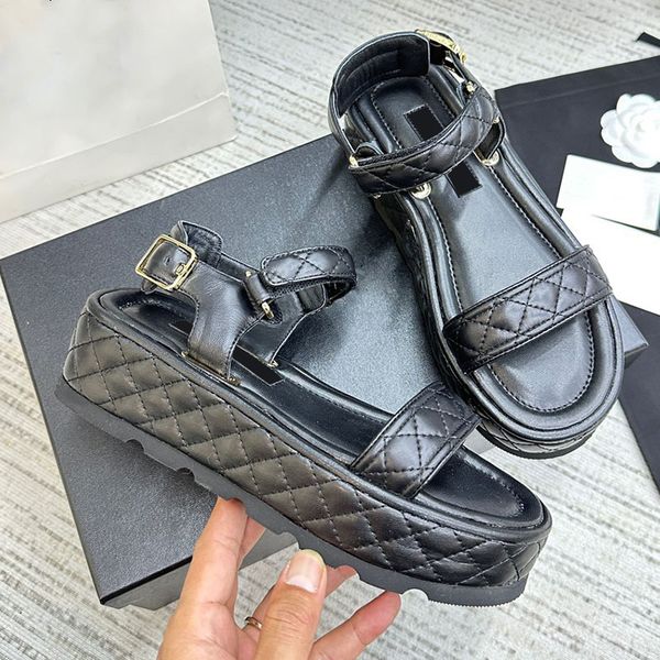 

sandals for women sheepskin platform adjustable ankle buckle slingbacks slippers classic designer quilted texture dress shoe retro ladies ou, Black