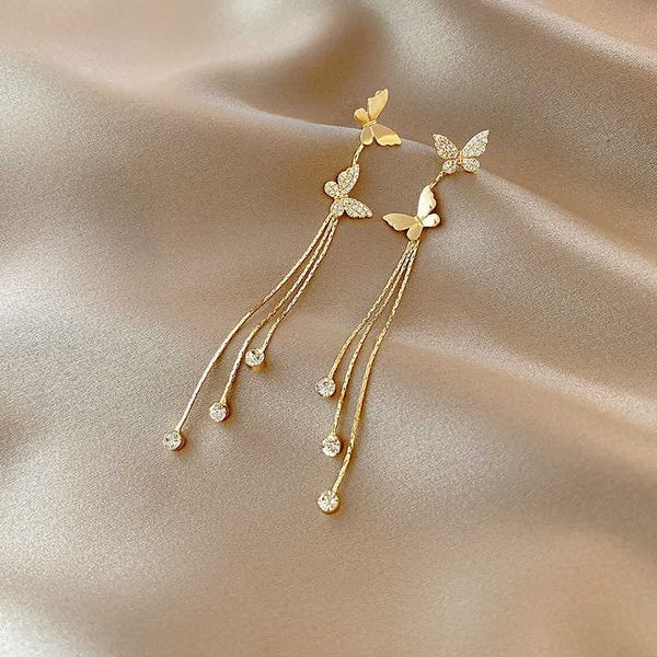 

dangle chandelier korean style long butterfly earring for women crystal zircon tassel drop earrings girl lady elegant fashion ear jewelry g2, Silver