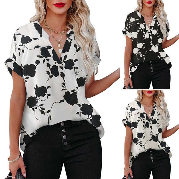 

2023 most popular summer women's new floral print short-sleeved shirt women's loose v-neck, White