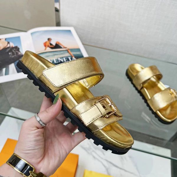 

new color designer leather womens sandals genuine leather cool effortlessly stylish slides 2 straps with adjusted gold buckles women slipper, Black
