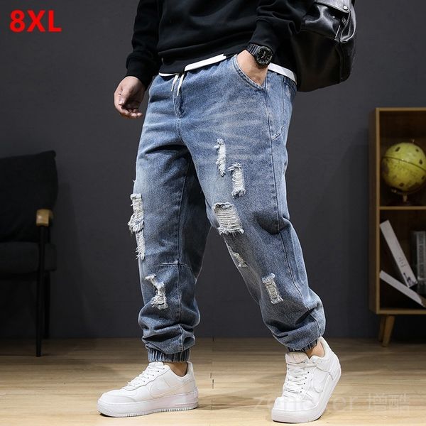 

men's jeans large size jeans autumn winter section jeans men stretch elastic men high waist plus size hole trousers 8xl 7xl ripped jean, Blue