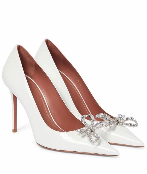 

aminas/muaddis rosie sandals shoes for women crystal bow embellished satin pumps pointed toe lady high heels black white blue