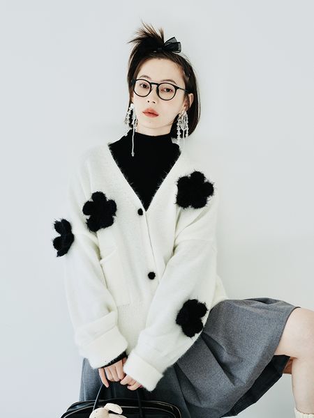 

women's knits tees imakokoni girls original autumn and winter cat hair heavy threedimensional hook flower cardigan white short coat 223