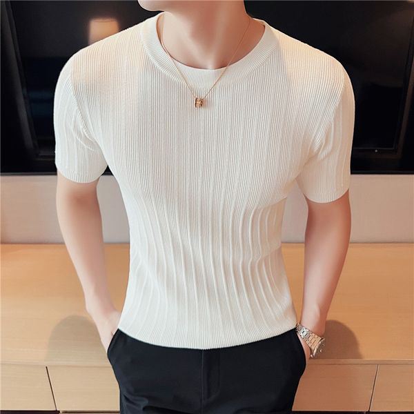 

men's t-shirts brand clothing men's summer leisure short sleeve t-shirt/male slim fit o-neck stripe knitted t-shirt plus size s-4x, White;black