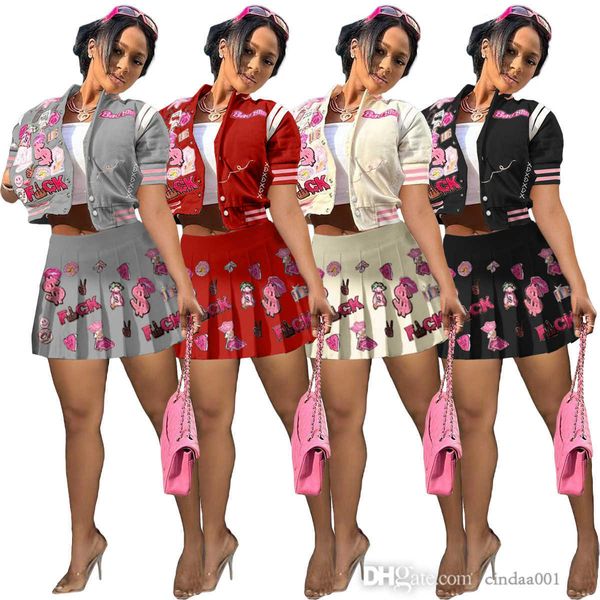 

summer womens clothing two piece skirts set fashion printed short sleeve baseball bomber jacket suit 4 colors, White