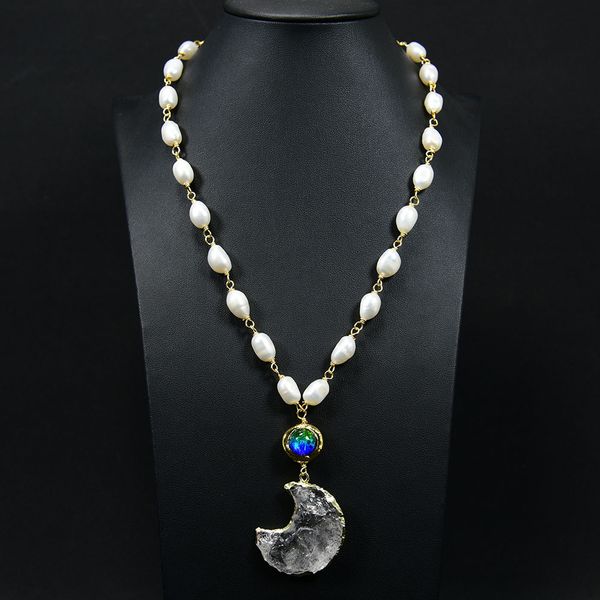 

freshwater cultured white keshi pearl necklace clear quartz rough crescent moon murano glass pendant fashion gifts, Silver