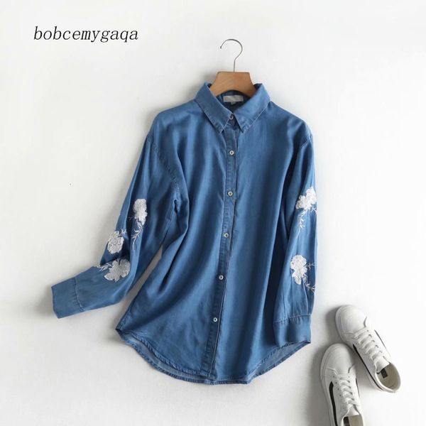 

women's blouses shirts embroidery denim shirt women turn down collar autumn long sleeve long denim shirt streetwear ladies blue jeans s, White