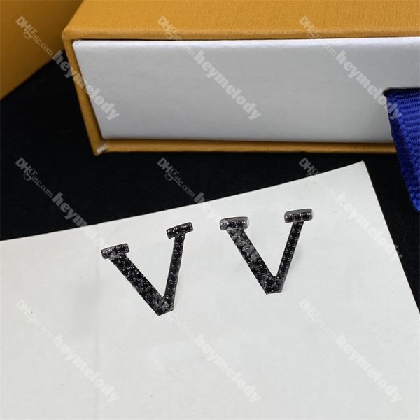 

classic letter black diamond stud earrings steel seal hoop earring women crystal eardrops with box wedding party gifts wholesale, Golden;silver