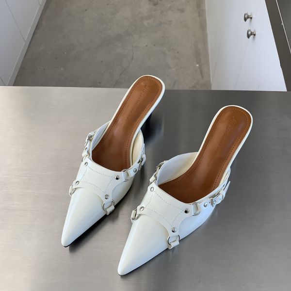 

sandals rivet highheeled shoes lady woman's slippers slides pointed toe low cover rome basic pu fabric scandals hoof fem 230313, Black