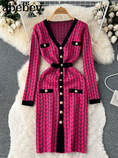 

casual dresses autumn french plaid knitted dress women v neck sweater sheath hight quality dress elastic waist ol warm midi long dress 23031, Black;gray
