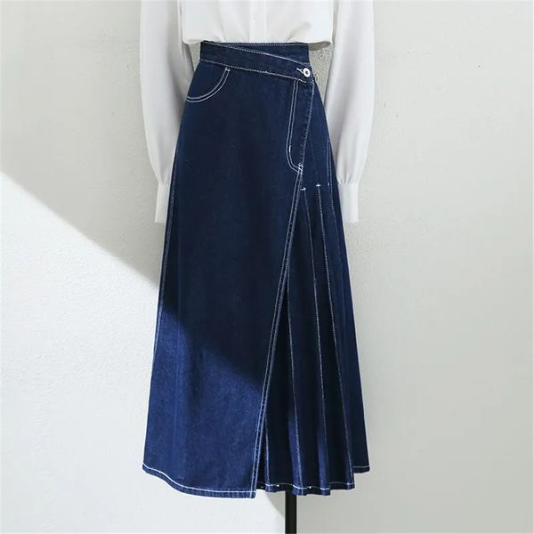 

skirts vintage 5xl blue denim skirt women korean irregular long jeans skirt korean high waist a line pleated skirts long for female 230313, Black