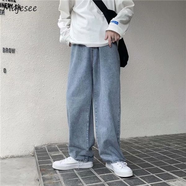 

men's jeans men jeans solid drawstring denim full length straight loose males all-match trendy punk baggy retro leisure chic cowboy tro, Blue