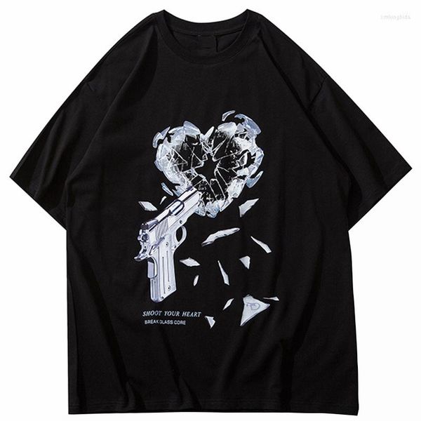 

men's t shirts shirt for men streetwear hip hop gun breaking heart print oversized t-shirt harajuku cotton loose summer short sleeve, White;black