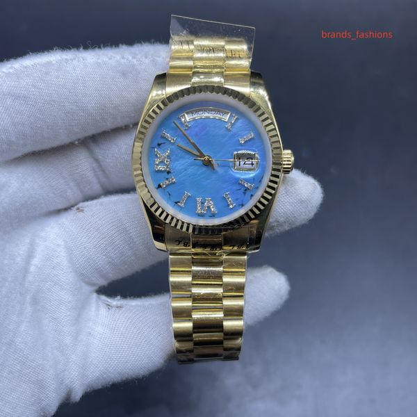 

men's wristwatch gold stainless steel boutique watch blue dial roman diamond nail scale automatic mechanical watches, Slivery;brown