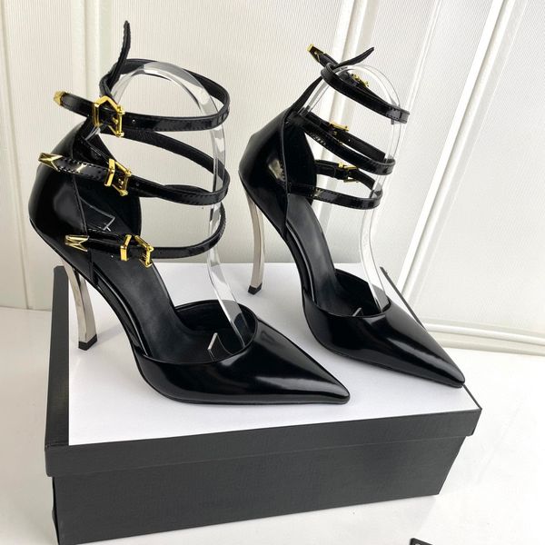 

pin-point buckled triple-strap pumps heels shoes calf leather ankle stiletto sandals heeled point toe for women luxury designers dress shoe, Black