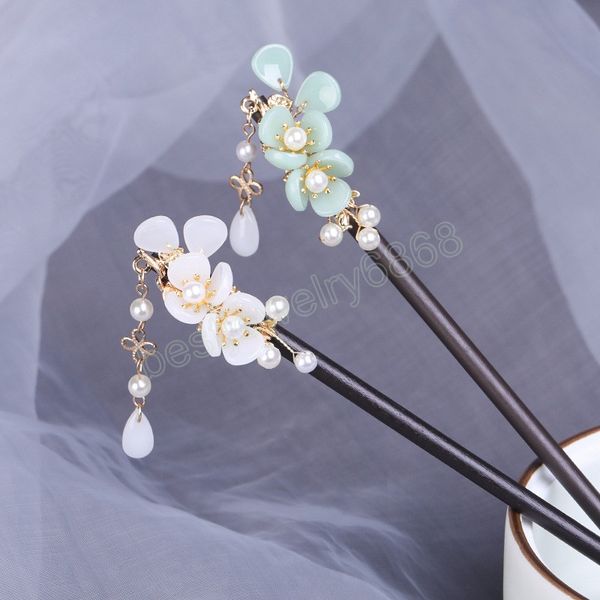 

flower hair forks retro long tassels hairpins clips wooden hair sticks pearls bead step shake chinese wedding bride hair jewelry, Golden;silver