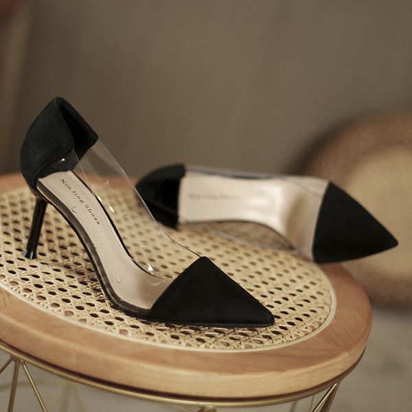 

dress shoes thin heels branded pumps fine heeled sandals ladies shallow mouth transparent stiletto slip on pointed wedge latest 230313, Black