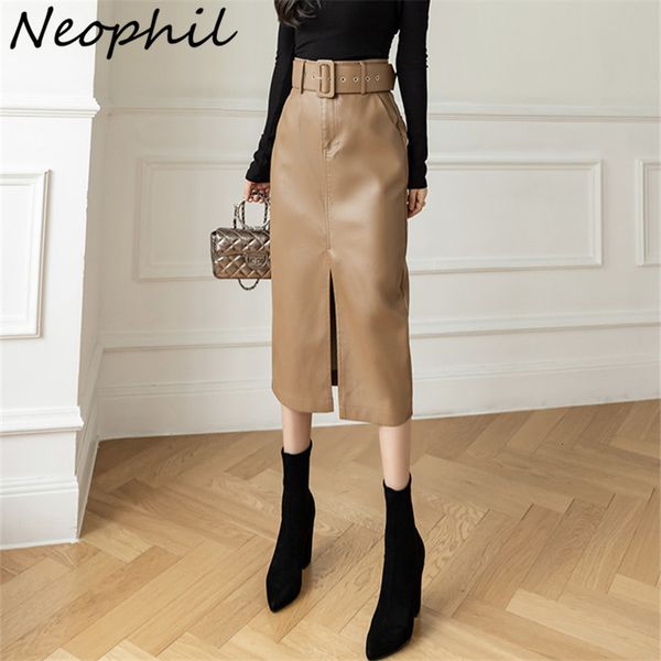 

skirts neophil female buckle latex wrap pencil skirts with belt vintage women winter pu faux leather slim split midi skirt s21928 230313, Black