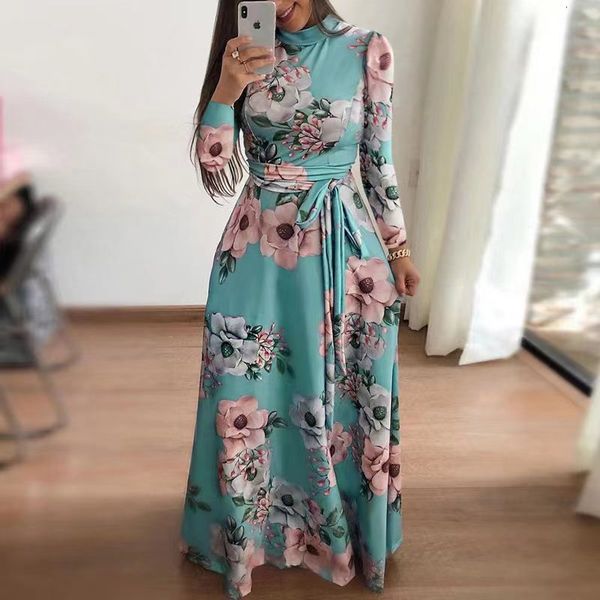 

casual dresses women spring autumn long dress casual long sleeve boho floral print maxi dress turtleneck bandage elegant party dresses 23031, Black;gray