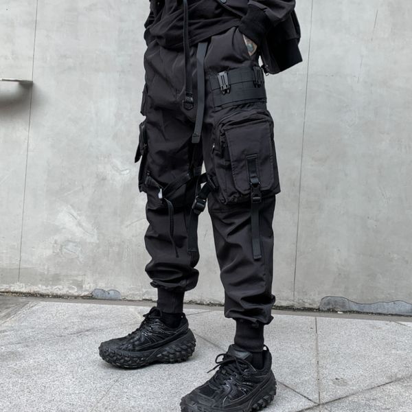 

men s pants multi pockets ribbons bandage tactical techwear cargo mens harajuku punk hip hop joggers pantalons casual streetwear 230313, Black