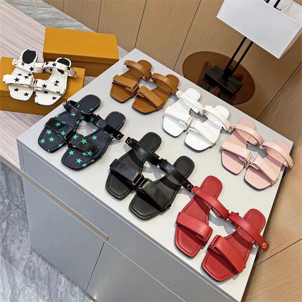 

brand women's slippers summer leather casual fashion buckle star sandals seaside holiday comfortable flip-flops size 35-42, Black