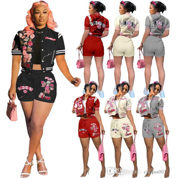 

retail women tracksuits 2 piece shorts sets casual printed baseball jacket suit short sleeve outfits casual active sportswear, Gray