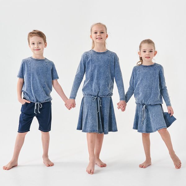 

family matching outfits kids boys girls loose skirt spring summer acid washed family matching clothing children fashion casual set and cloth, Blue