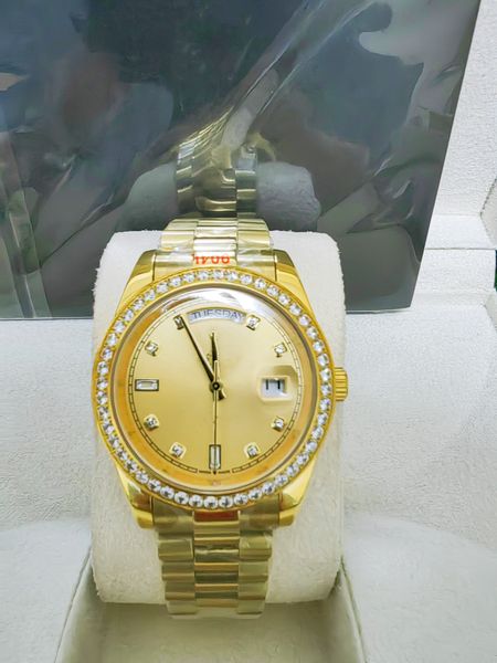 

with original box luxury watches 41mm mens 18k yellow gold dial bigger diamond automatic fashion brand men's watch wristwatch 202315, Slivery;brown