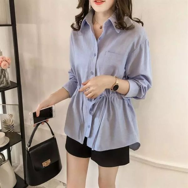 

women's blouses shirts femme womens fashion autumn shirt women long sleeve adjustable waist blouse woman clothes roupas femininas d190, White