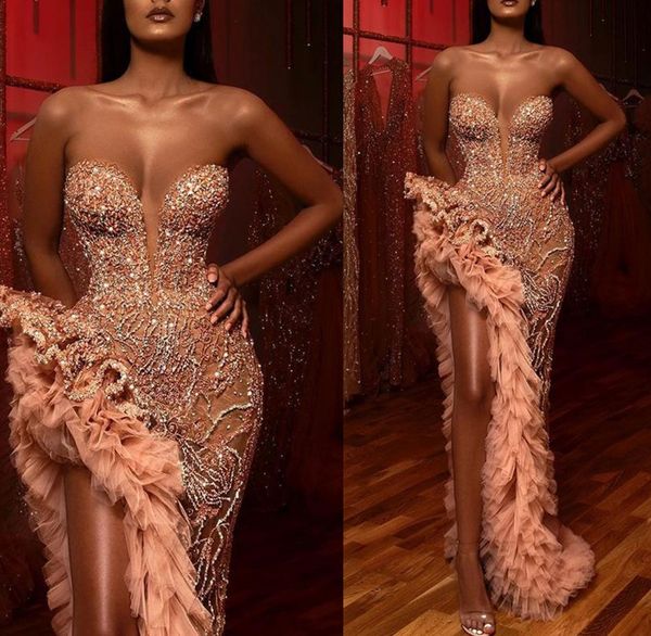 

luxurious pink prom dresses 2023 new sweetheart beads sequins ruffles hight thigh split evening gowns arabic formal vestidos bc15387, Black