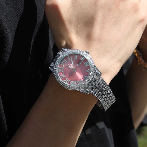 

watch new fashion couple watch hip hop full diamond pink round large dial waterproof men's quartz watch, Slivery;golden