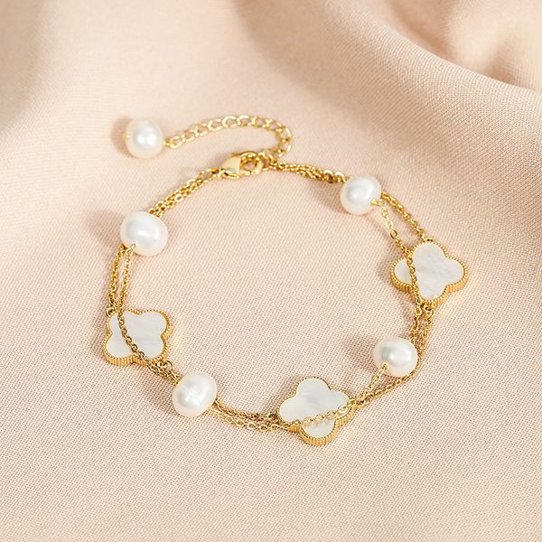 

luxury white clover charm freshwater pearl bracelet, Golden;silver